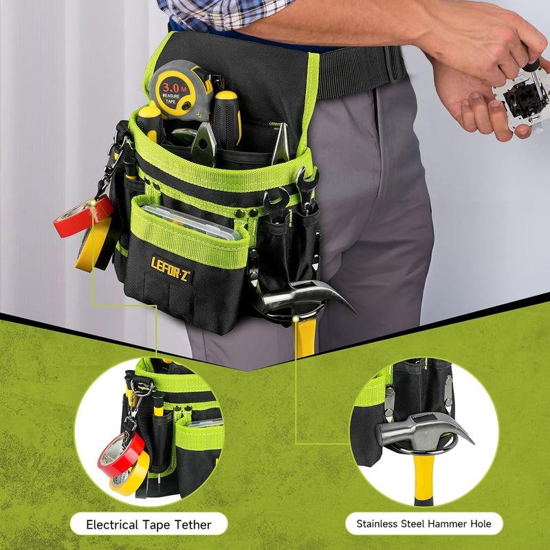 LEFORZ Tool Belt,Magnetic Tool Pouch,14-Pockets Tool Belts for Men,Detachable & Adjustable Tool Pouch belt for Electrician,Carpenter,Construction,Work Apron,Utility Belt,Black-Green - Image 4